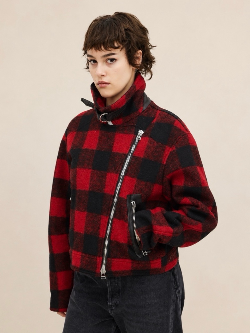 Veronica Beard Benni Buffalo Plaid Moto Jacket Red Black Sherpa Lined Small